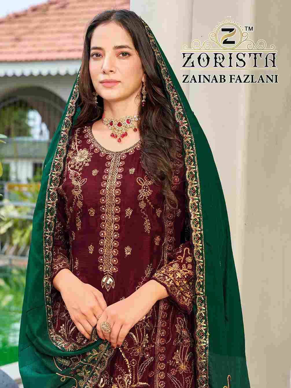 Zainab Fazlani By Zorista 10011-A To 10011-D Series Designer Pakistani Suits Beautiful Fancy Stylish Colorful Party Wear & Occasional Wear Chinnon Silk With Embroidery Dresses At Wholesale Price