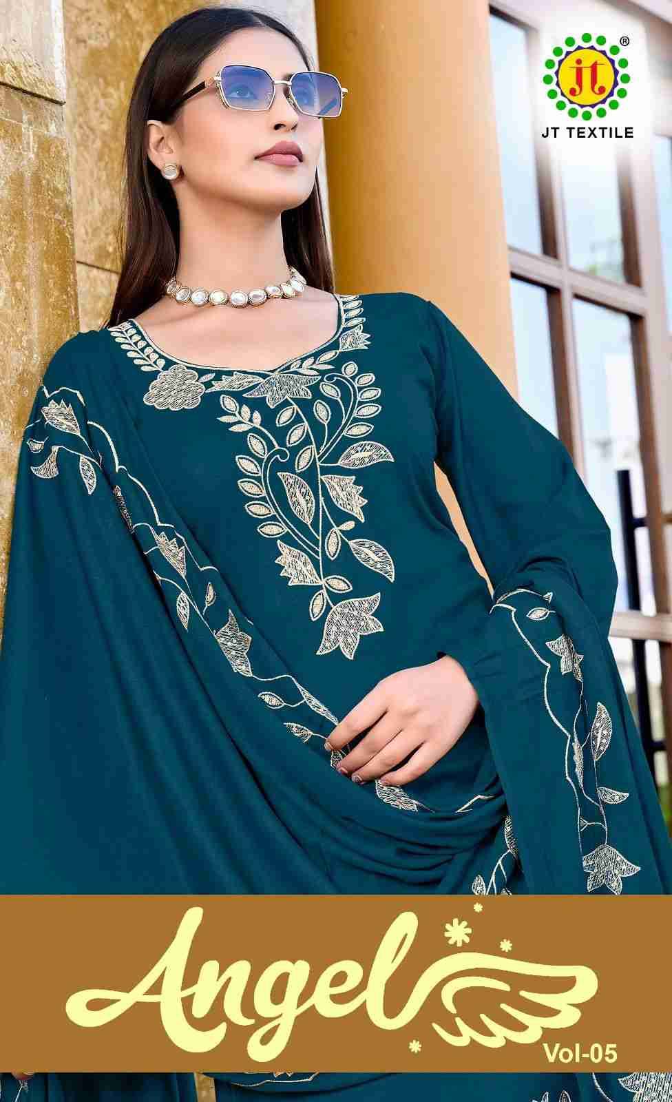 Angel Vol-5 By JT 5001 To 5005 Series Beautiful Festive Suits Colorful Stylish Fancy Casual Wear & Ethnic Wear Rayon Dresses At Wholesale Price
