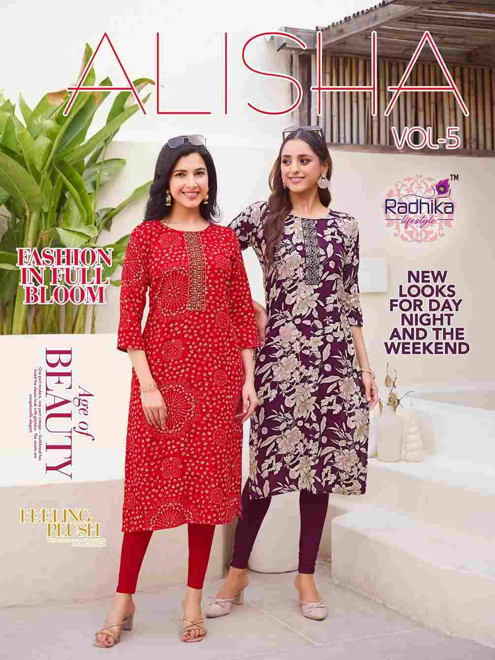 Alisha Vol-5 By Radhika Lifestyle 5001 To 5010 Series Designer Stylish Fancy Colorful Beautiful Party Wear & Ethnic Wear Collection Pure Rayon Print Kurtis At Wholesale Price