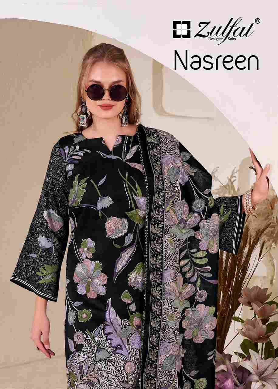 Nasreen By Zulfat 678-001 To 678-004 Series Beautiful Festive Suits Colorful Stylish Fancy Casual Wear & Ethnic Wear Pure Jam Cotton Satin With Embroidered Dresses At Wholesale Price
