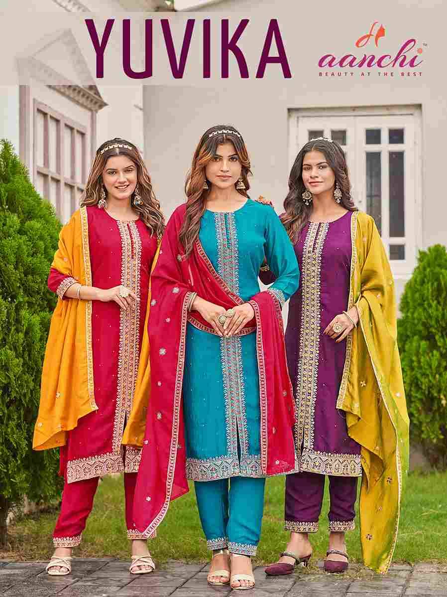 Yuvika By Aanchi 01 To 03 Series Beautiful Stylish Festive Suits Fancy Colorful Casual Wear & Ethnic Wear & Ready To Wear Vichitra Silk Print Dresses At Wholesale Price