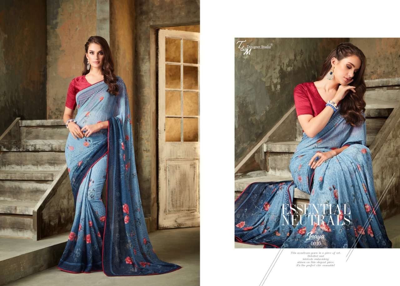 INAYA BY T AND M DESIGNER STUDIO 009 TO 022 SERIES INDIAN TRADITIONAL WEAR COLLECTION BEAUTIFUL STYLISH FANCY COLORFUL PARTY WEAR & OCCASIONAL WEAR PURE GEORGETTE PRINTED SAREES AT WHOLESALE PRICE