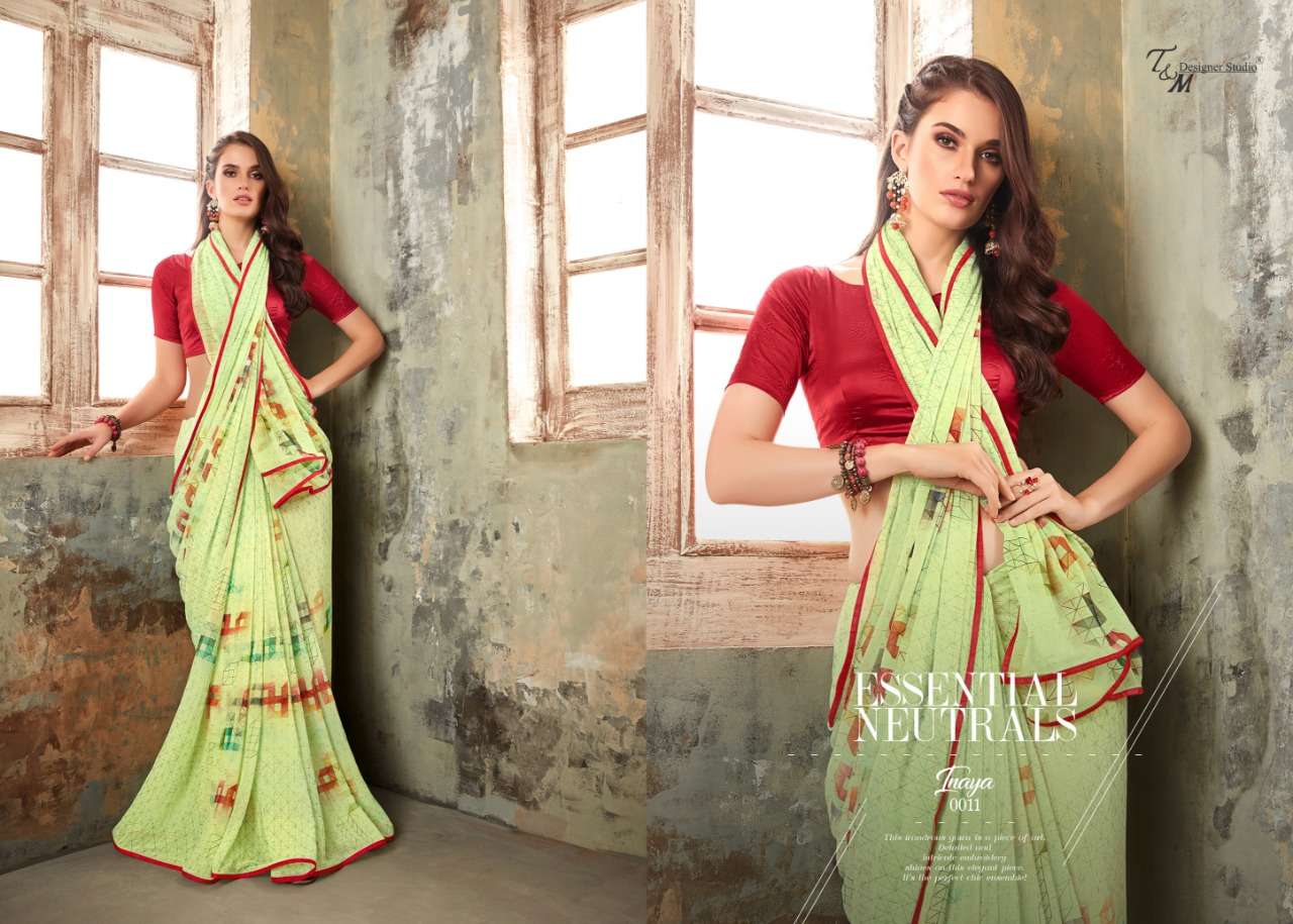 INAYA BY T AND M DESIGNER STUDIO 009 TO 022 SERIES INDIAN TRADITIONAL WEAR COLLECTION BEAUTIFUL STYLISH FANCY COLORFUL PARTY WEAR & OCCASIONAL WEAR PURE GEORGETTE PRINTED SAREES AT WHOLESALE PRICE