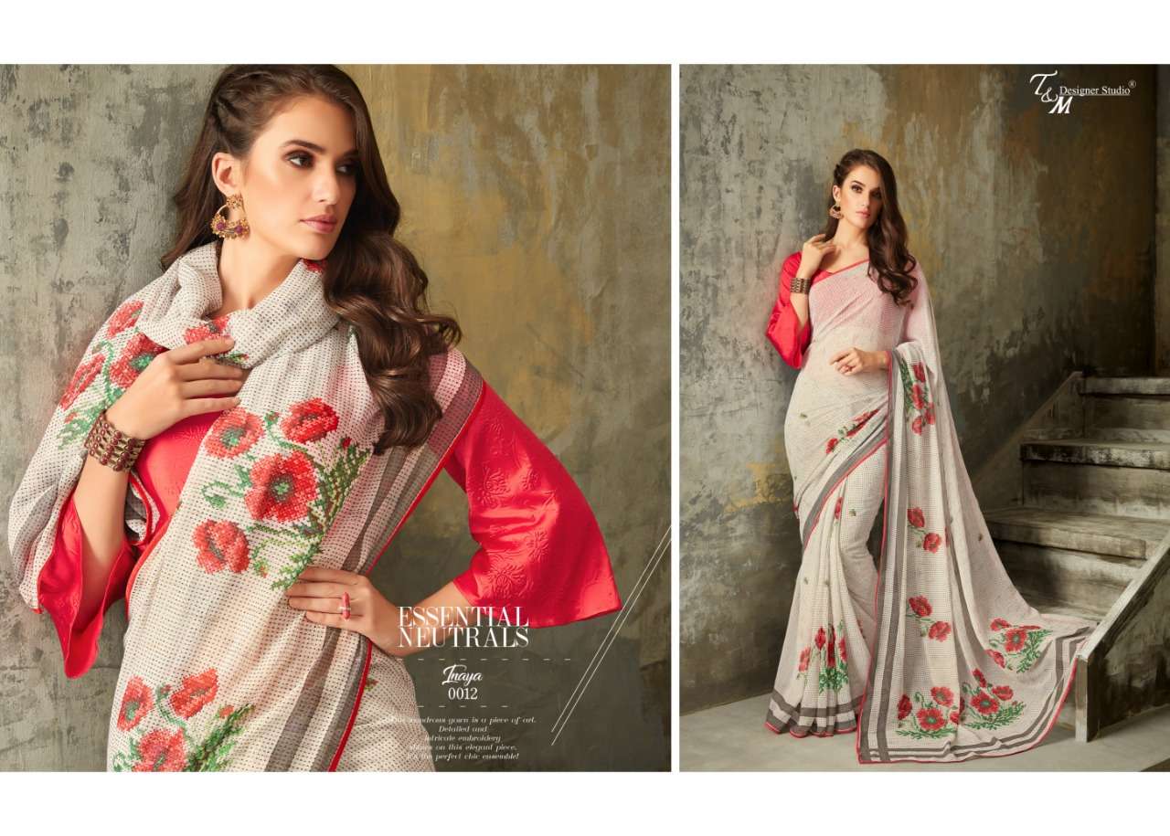 INAYA BY T AND M DESIGNER STUDIO 009 TO 022 SERIES INDIAN TRADITIONAL WEAR COLLECTION BEAUTIFUL STYLISH FANCY COLORFUL PARTY WEAR & OCCASIONAL WEAR PURE GEORGETTE PRINTED SAREES AT WHOLESALE PRICE