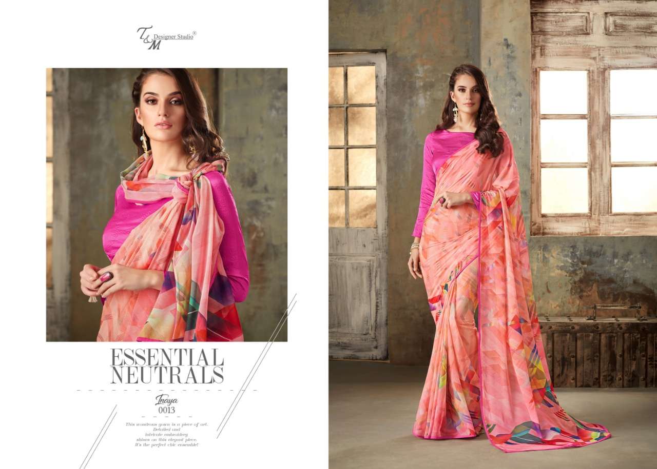 INAYA BY T AND M DESIGNER STUDIO 009 TO 022 SERIES INDIAN TRADITIONAL WEAR COLLECTION BEAUTIFUL STYLISH FANCY COLORFUL PARTY WEAR & OCCASIONAL WEAR PURE GEORGETTE PRINTED SAREES AT WHOLESALE PRICE