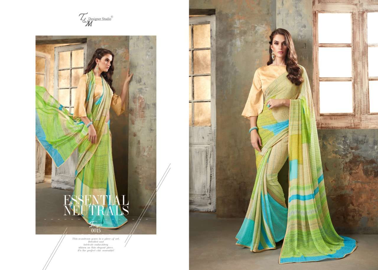 INAYA BY T AND M DESIGNER STUDIO 009 TO 022 SERIES INDIAN TRADITIONAL WEAR COLLECTION BEAUTIFUL STYLISH FANCY COLORFUL PARTY WEAR & OCCASIONAL WEAR PURE GEORGETTE PRINTED SAREES AT WHOLESALE PRICE