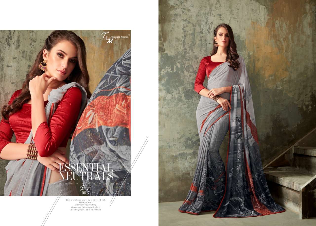 INAYA BY T AND M DESIGNER STUDIO 009 TO 022 SERIES INDIAN TRADITIONAL WEAR COLLECTION BEAUTIFUL STYLISH FANCY COLORFUL PARTY WEAR & OCCASIONAL WEAR PURE GEORGETTE PRINTED SAREES AT WHOLESALE PRICE