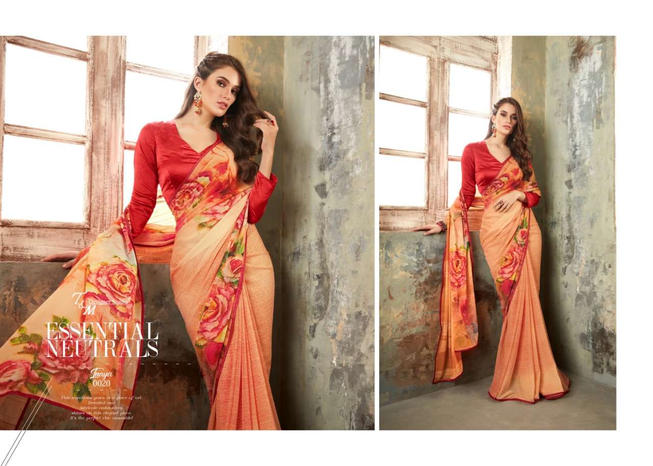 INAYA BY T AND M DESIGNER STUDIO 009 TO 022 SERIES INDIAN TRADITIONAL WEAR COLLECTION BEAUTIFUL STYLISH FANCY COLORFUL PARTY WEAR & OCCASIONAL WEAR PURE GEORGETTE PRINTED SAREES AT WHOLESALE PRICE