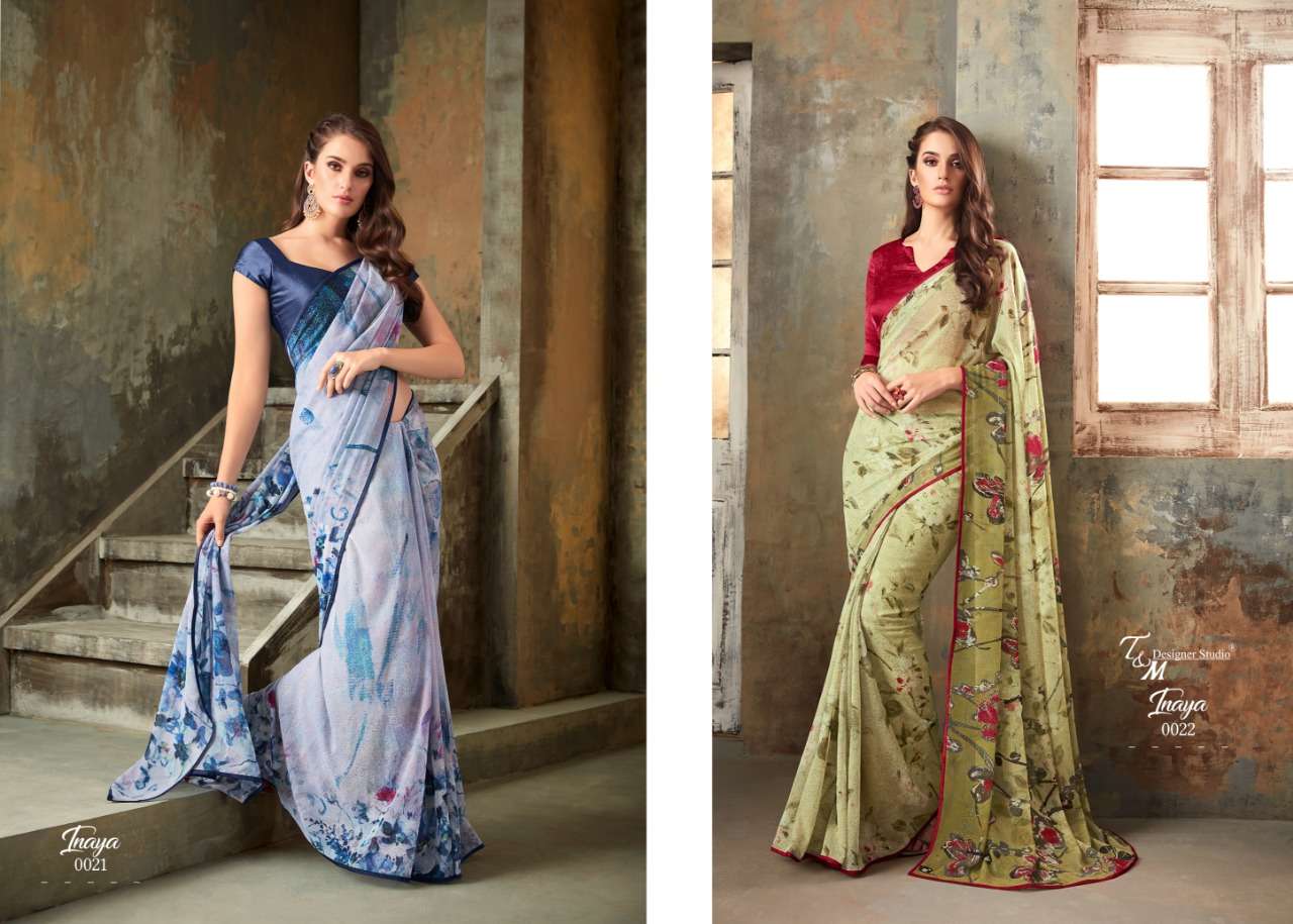 INAYA BY T AND M DESIGNER STUDIO 009 TO 022 SERIES INDIAN TRADITIONAL WEAR COLLECTION BEAUTIFUL STYLISH FANCY COLORFUL PARTY WEAR & OCCASIONAL WEAR PURE GEORGETTE PRINTED SAREES AT WHOLESALE PRICE