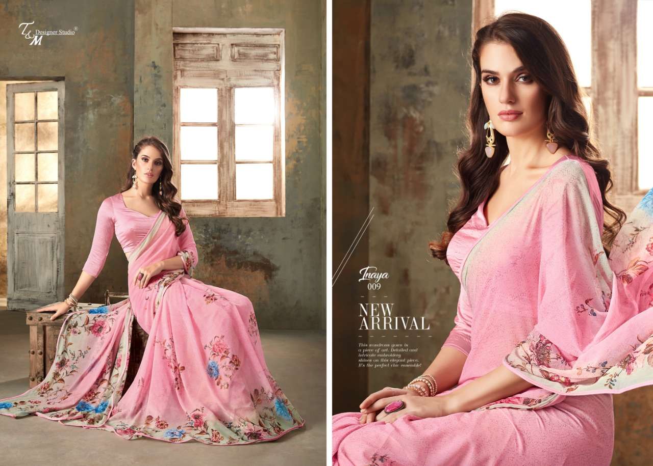 INAYA BY T AND M DESIGNER STUDIO 009 TO 022 SERIES INDIAN TRADITIONAL WEAR COLLECTION BEAUTIFUL STYLISH FANCY COLORFUL PARTY WEAR & OCCASIONAL WEAR PURE GEORGETTE PRINTED SAREES AT WHOLESALE PRICE