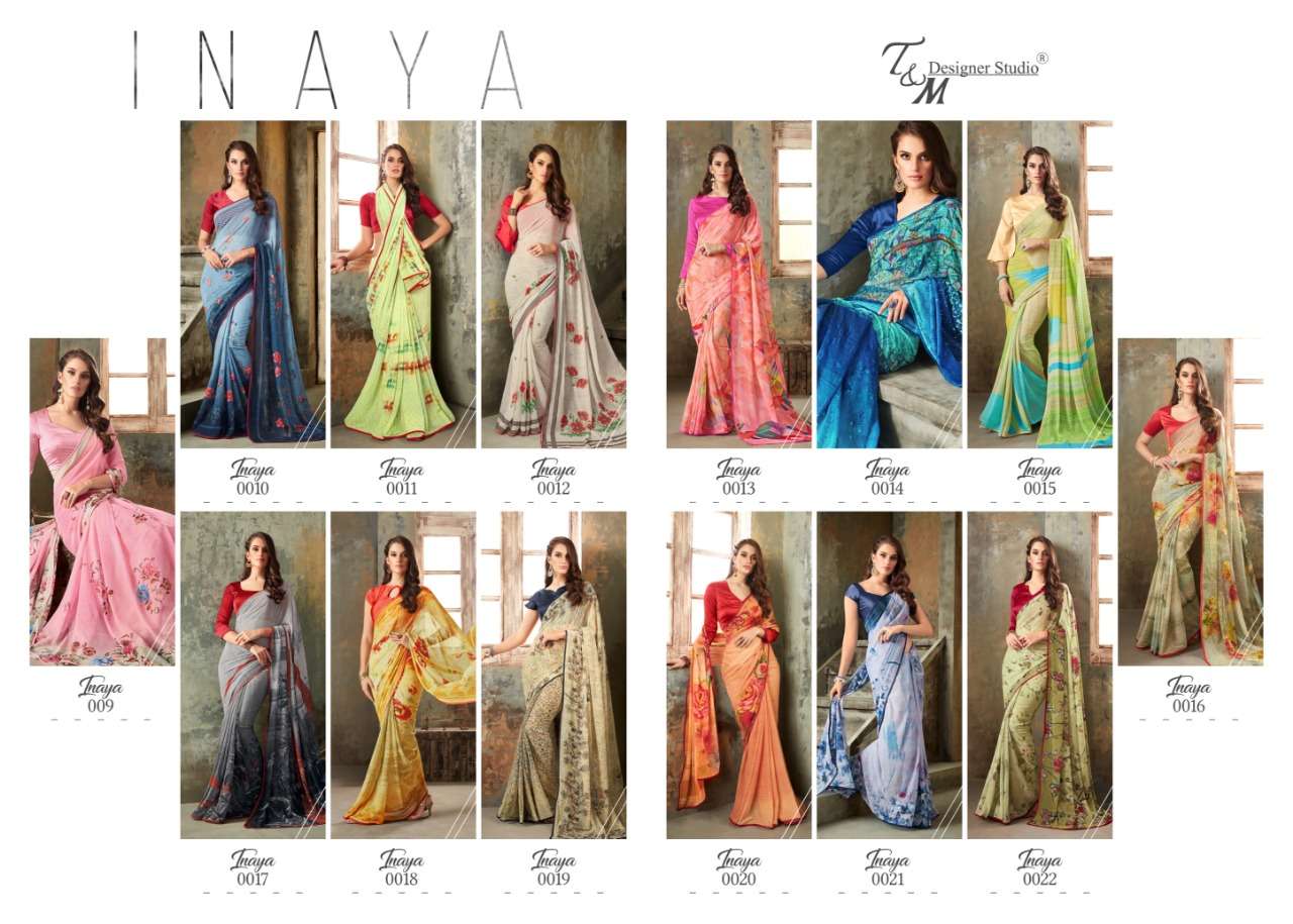 INAYA BY T AND M DESIGNER STUDIO 009 TO 022 SERIES INDIAN TRADITIONAL WEAR COLLECTION BEAUTIFUL STYLISH FANCY COLORFUL PARTY WEAR & OCCASIONAL WEAR PURE GEORGETTE PRINTED SAREES AT WHOLESALE PRICE