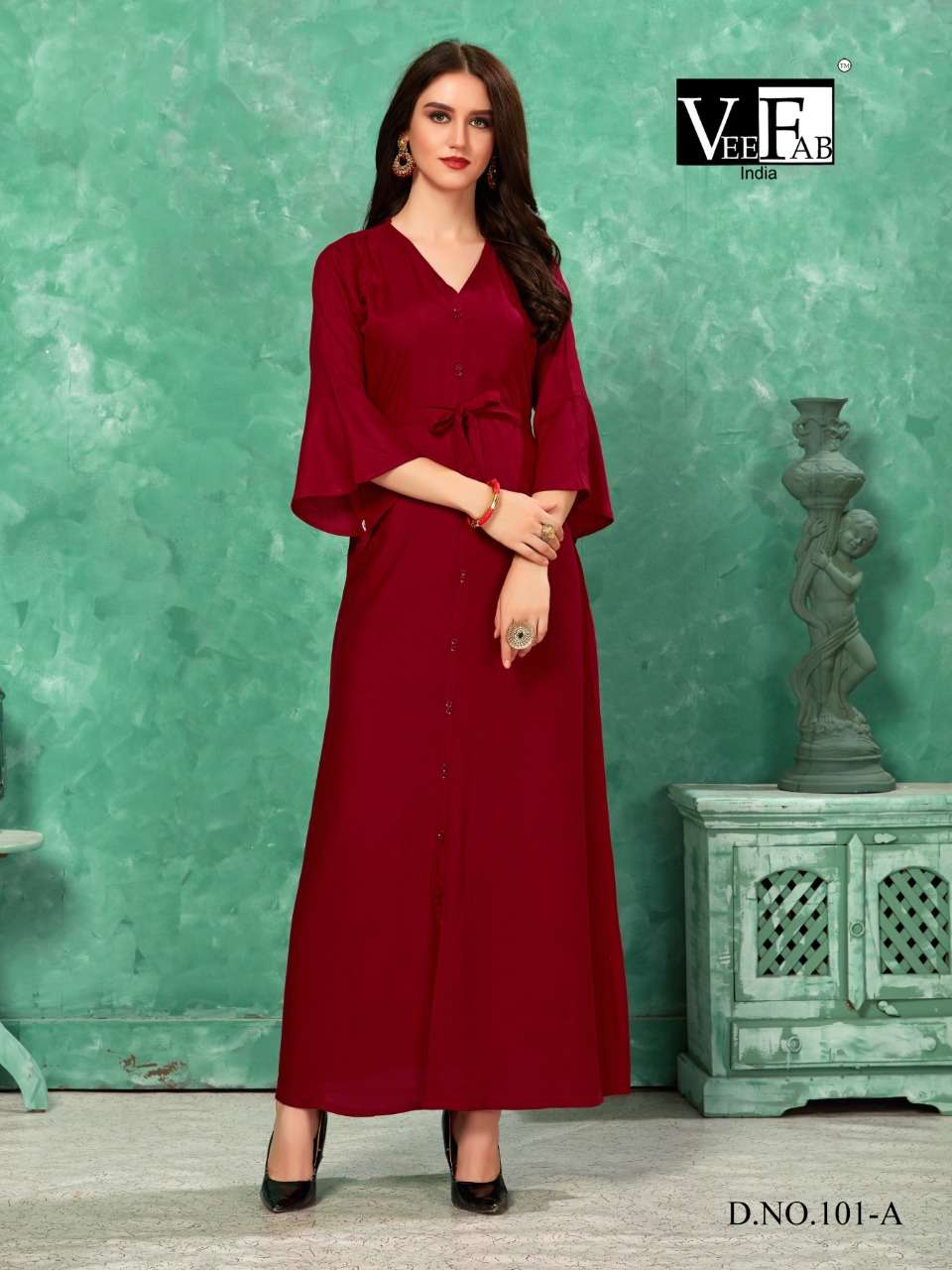 COLORBAR VOL-2 BY VEE FAB 101-A TO 101-F SERIES BEAUTIFUL COLORFUL STYLISH FANCY CASUAL WEAR & ETHNIC WEAR & READY TO WEAR RAYON GOWN AT WHOLESALE PRICE
