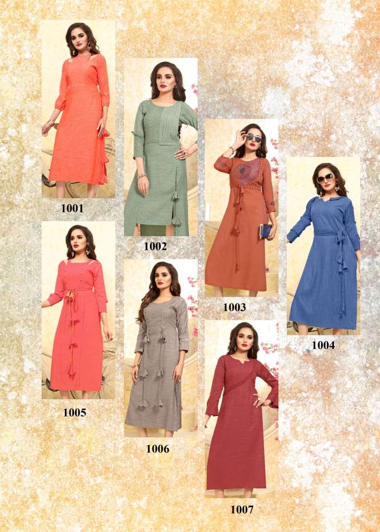 PURPLE BY NEETI CREATION 1001 TO 1007 SERIES BEAUTIFUL COLORFUL STYLISH FANCY CASUAL WEAR & ETHNIC WEAR & READY TO WEAR HEAVY RAYON KURTIS AT WHOLESALE PRICE