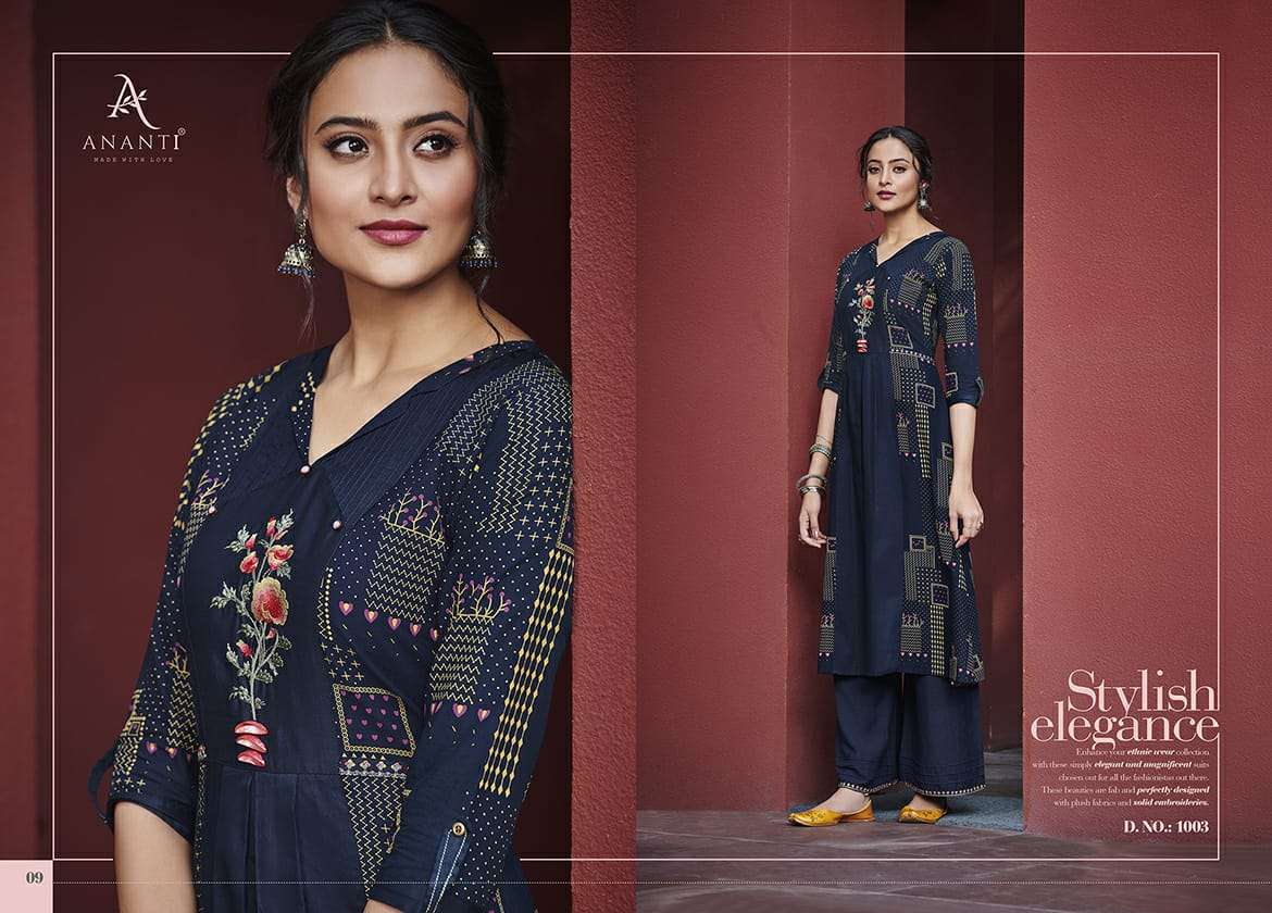 NIRJARA BY ANANTI 1001 TO 1006 SERIES INDIAN TRADITIONAL WEAR COLLECTION BEAUTIFUL STYLISH FANCY COLORFUL PARTY WEAR & OCCASIONAL WEAR COTTON SATIN PRINTED KURTIS WITH BOTTOM AT WHOLESALE PRICE