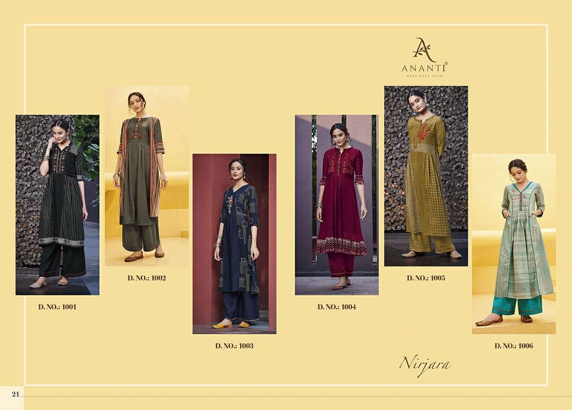 NIRJARA BY ANANTI 1001 TO 1006 SERIES INDIAN TRADITIONAL WEAR COLLECTION BEAUTIFUL STYLISH FANCY COLORFUL PARTY WEAR & OCCASIONAL WEAR COTTON SATIN PRINTED KURTIS WITH BOTTOM AT WHOLESALE PRICE