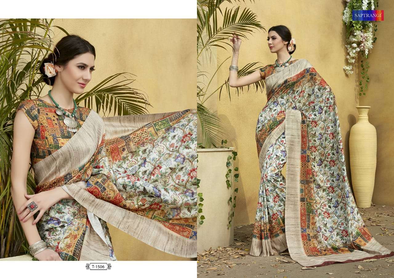 SAPTRANGI 1501 SERIES BY SAPTRANGI 1501 TO 1515  SERIES INDIAN TRADITIONAL WEAR COLLECTION BEAUTIFUL STYLISH FANCY COLORFUL PARTY WEAR & OCCASIONAL WEAR TUSSAR SILK DIGITAL PRINTED SAREES AT WHOLESALE PRICE