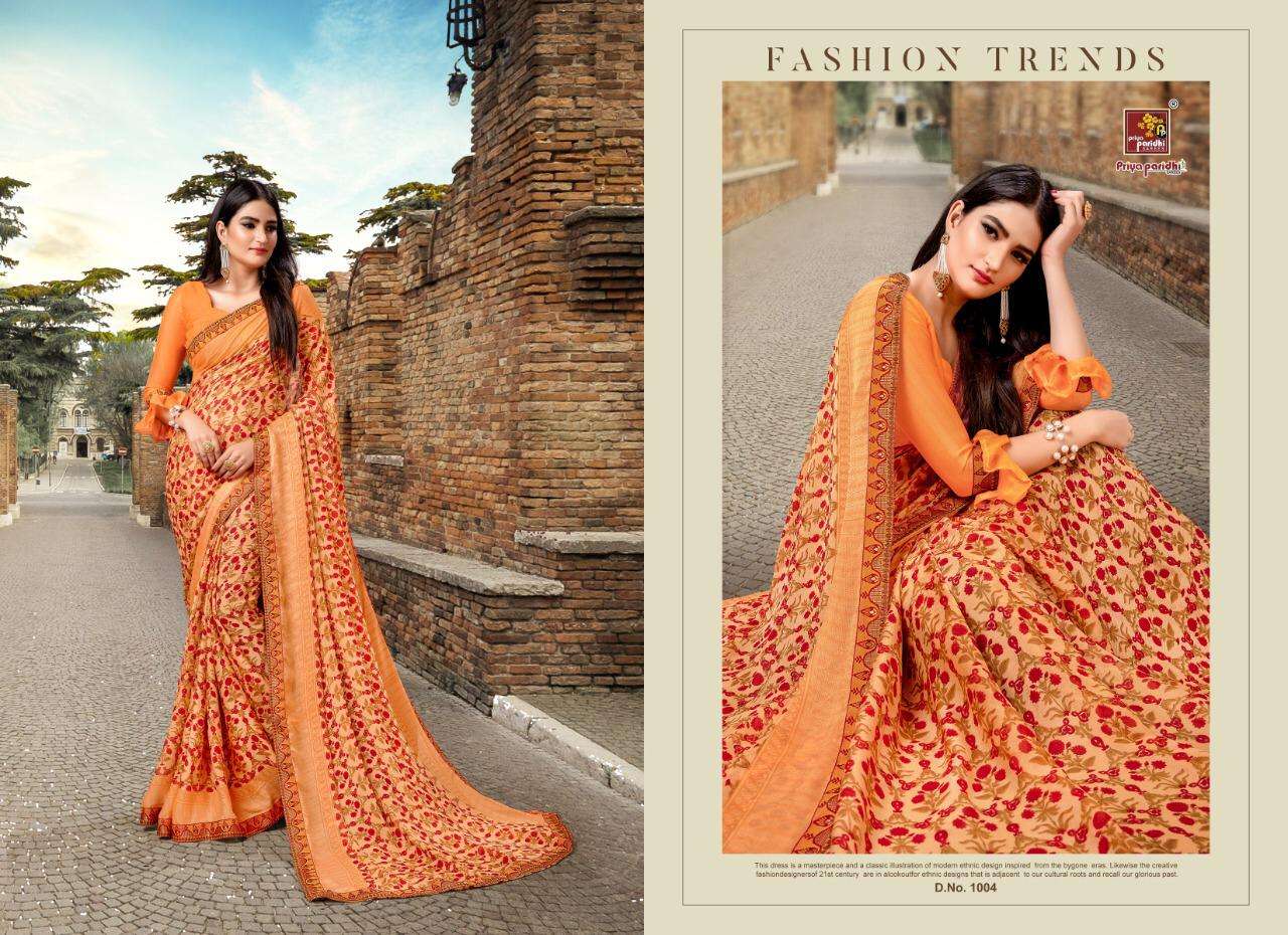 KASHISH BY PRIYA PARIDHI 1001 TO 1010 SERIES INDIAN TRADITIONAL WEAR COLLECTION BEAUTIFUL STYLISH FANCY COLORFUL PARTY WEAR & OCCASIONAL WEAR PURE GEORGETTE PRINTED SAREES AT WHOLESALE PRICE