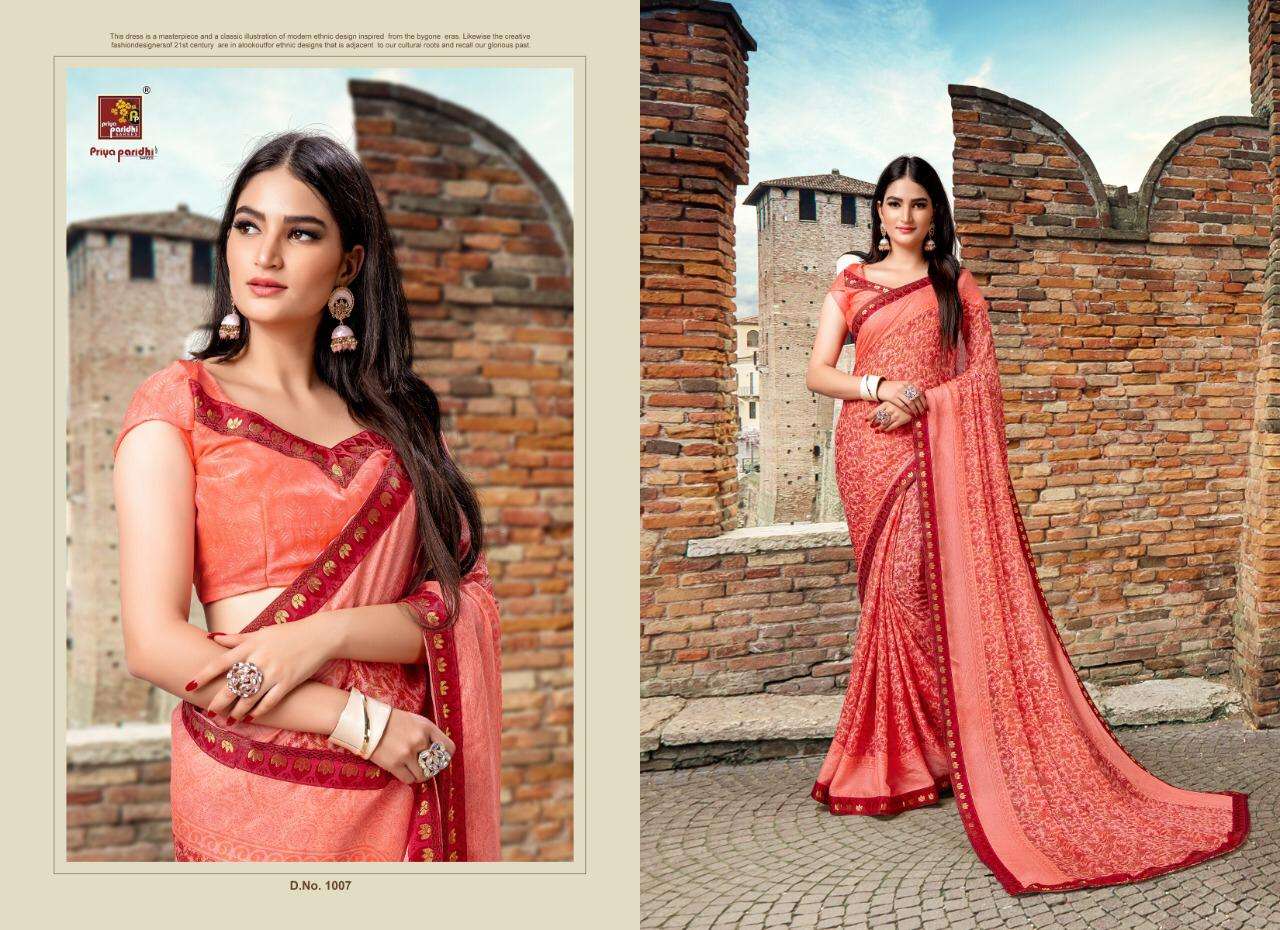 KASHISH BY PRIYA PARIDHI 1001 TO 1010 SERIES INDIAN TRADITIONAL WEAR COLLECTION BEAUTIFUL STYLISH FANCY COLORFUL PARTY WEAR & OCCASIONAL WEAR PURE GEORGETTE PRINTED SAREES AT WHOLESALE PRICE