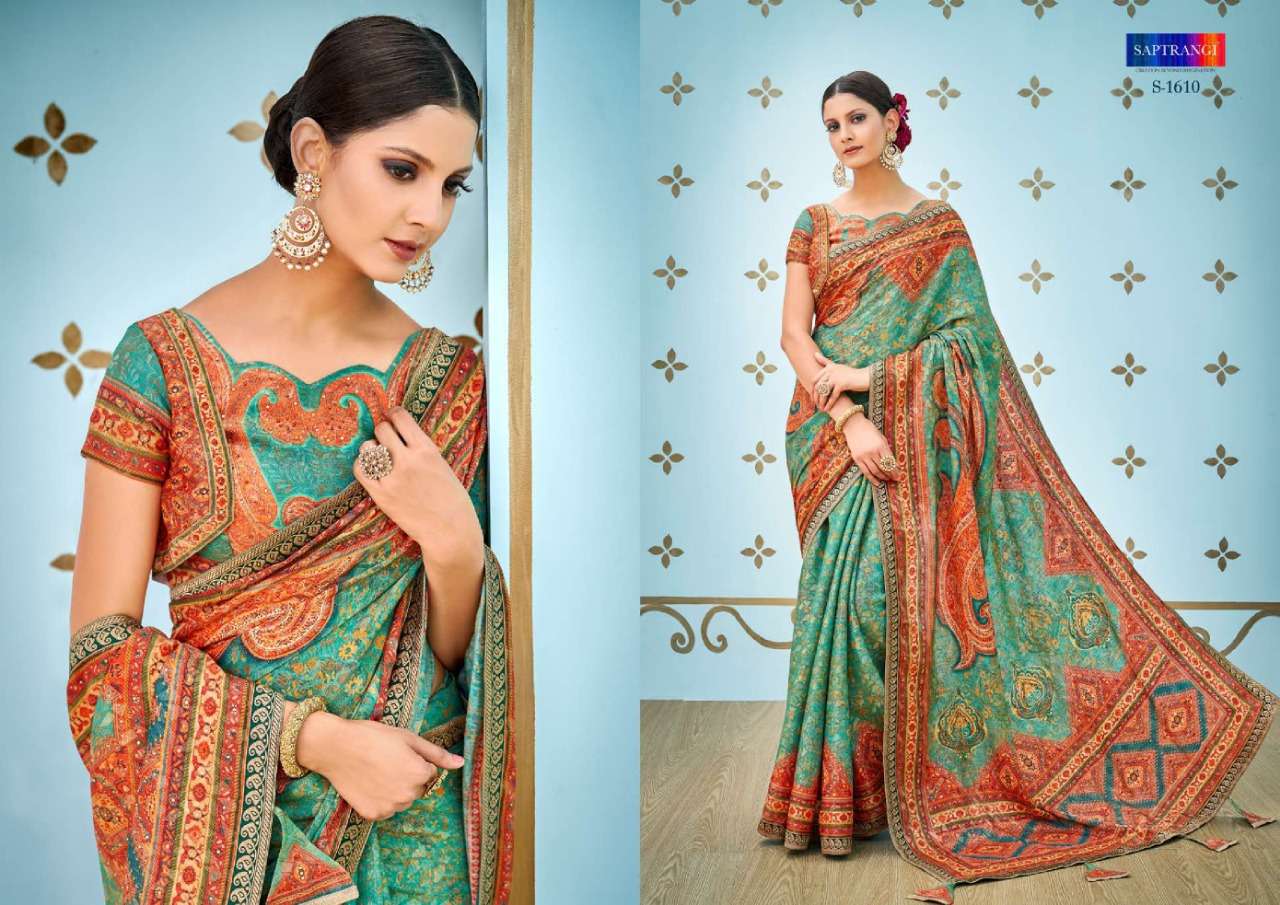 SAPTRANGI 1601 SERIES BY SAPTRANGI 1601 TO 1611 SERIES INDIAN TRADITIONAL WEAR COLLECTION BEAUTIFUL STYLISH FANCY COLORFUL PARTY WEAR & OCCASIONAL WEAR PURE BANARASI SILK DIGITAL PRINTED SAREES AT WHOLESALE PRICE