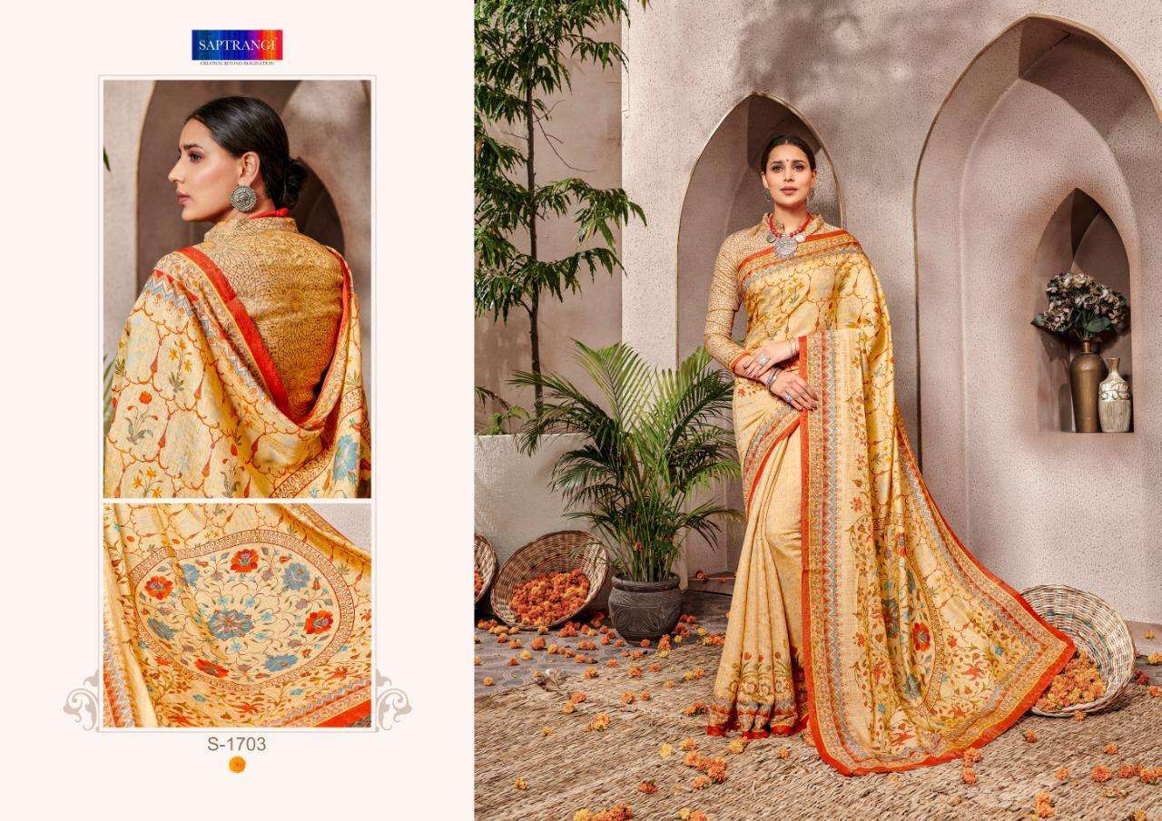 SAPTRANGI 1701 SERIES BY SAPTRANGI 1701 TO 1710 SERIES INDIAN TRADITIONAL WEAR COLLECTION BEAUTIFUL STYLISH FANCY COLORFUL PARTY WEAR & OCCASIONAL WEAR BANARASI SILK DIGITAL PRINTED SAREES AT WHOLESALE PRICE