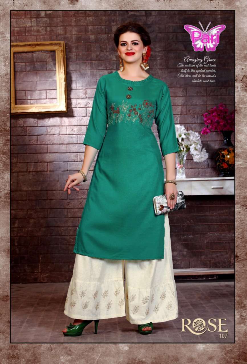 ROSE BY PARI 101 TO 108 SERIES BEAUTIFUL COLORFUL STYLISH FANCY CASUAL WEAR & ETHNIC WEAR & READY TO WEAR RAYON PRINTED KURTIS AT WHOLESALE PRICE