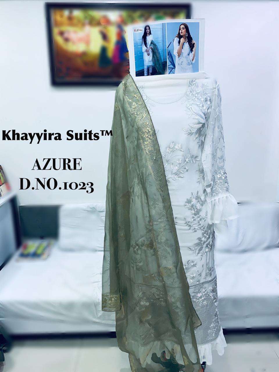 AZURE HIT DESIGN 1023 BY KHAYYIRA DESIGNER PAKISTANI SUITS BEAUTIFUL STYLISH FANCY COLORFUL PARTY WEAR & OCCASIONAL WEAR VISCOSE GEORGETTE EMBROIDERY DRESSES AT WHOLESALE PRICE