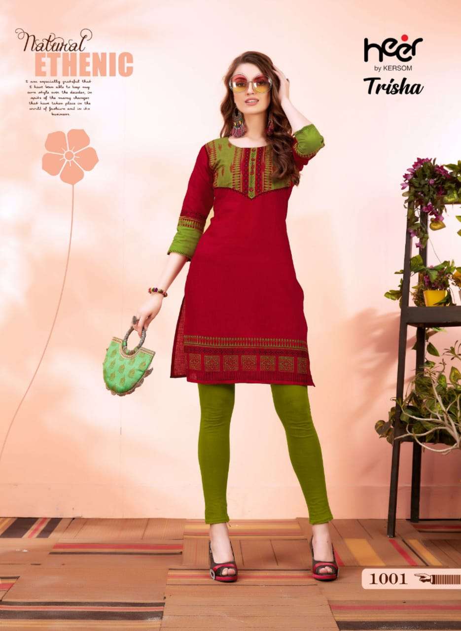 TRISHA BY HEER 1001 TO 1006 SERIES STYLISH FANCY BEAUTIFUL COLORFUL CASUAL WEAR & ETHNIC WEAR HEAVY COTTON KURTIS AT WHOLESALE PRICE