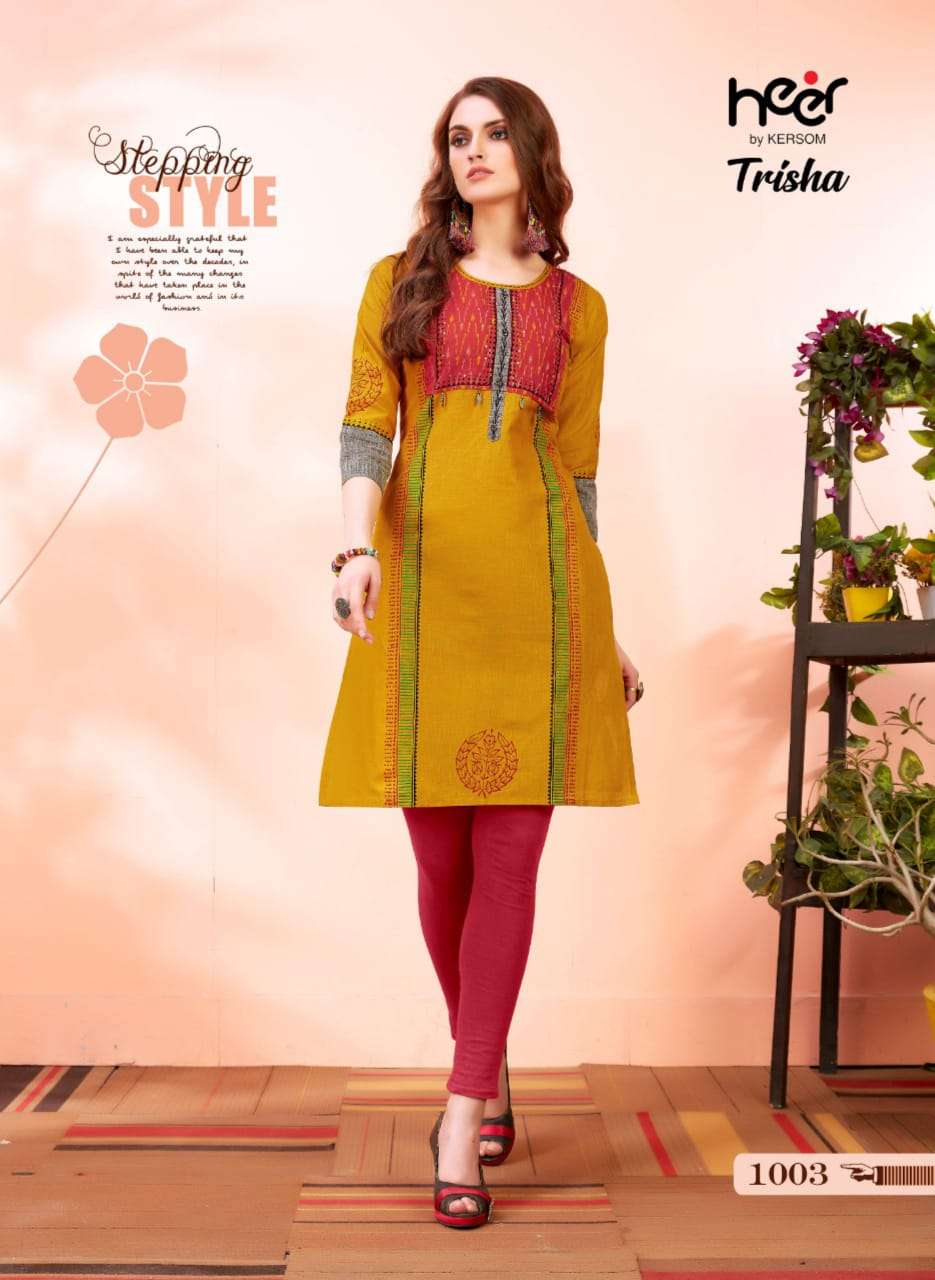 TRISHA BY HEER 1001 TO 1006 SERIES STYLISH FANCY BEAUTIFUL COLORFUL CASUAL WEAR & ETHNIC WEAR HEAVY COTTON KURTIS AT WHOLESALE PRICE