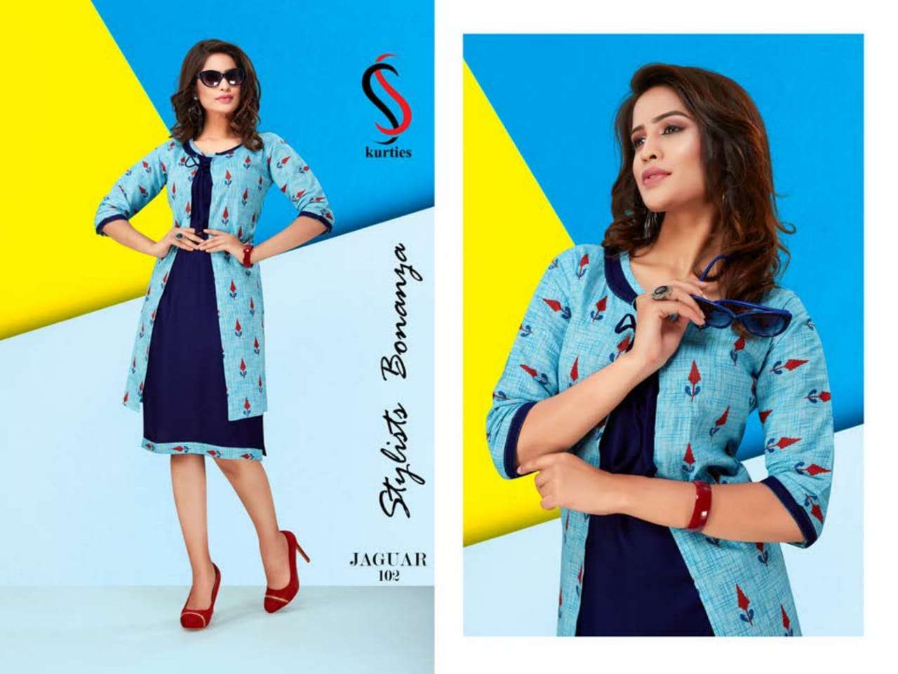 JAGUAR BY  S S KURTIS  101 TO 110 SERIES STYLISH FANCY BEAUTIFUL COLORFUL CASUAL WEAR & ETHNIC WEAR HANDLOOM  COTTON WITH INNER KURTIS AT WHOLESALE PRICE