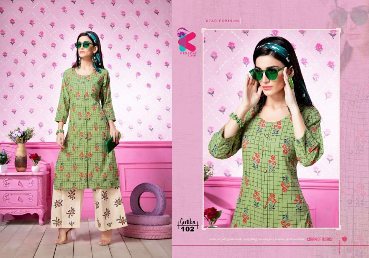 GEETIKA BY KERSOM 101 TO 108 SERIES STYLISH FANCY BEAUTIFUL COLORFUL CASUAL WEAR & ETHNIC WEAR HEAVY LINEN  KURTIS AT WHOLESALE PRICE