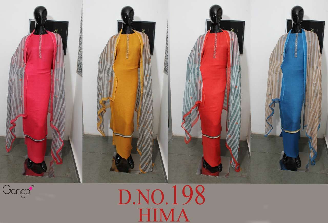 HIMA VOL-198 BY GANGA FASHION 01 TO 04 SERIES BEAUTIFUL SUITS STYLISH COLORFUL FANCY CASUAL WEAR & ETHNIC WEAR PAHSMINA DOBBY PRINTED WITH EMBROIDERY DRESSES AT WHOLESALE PRICE