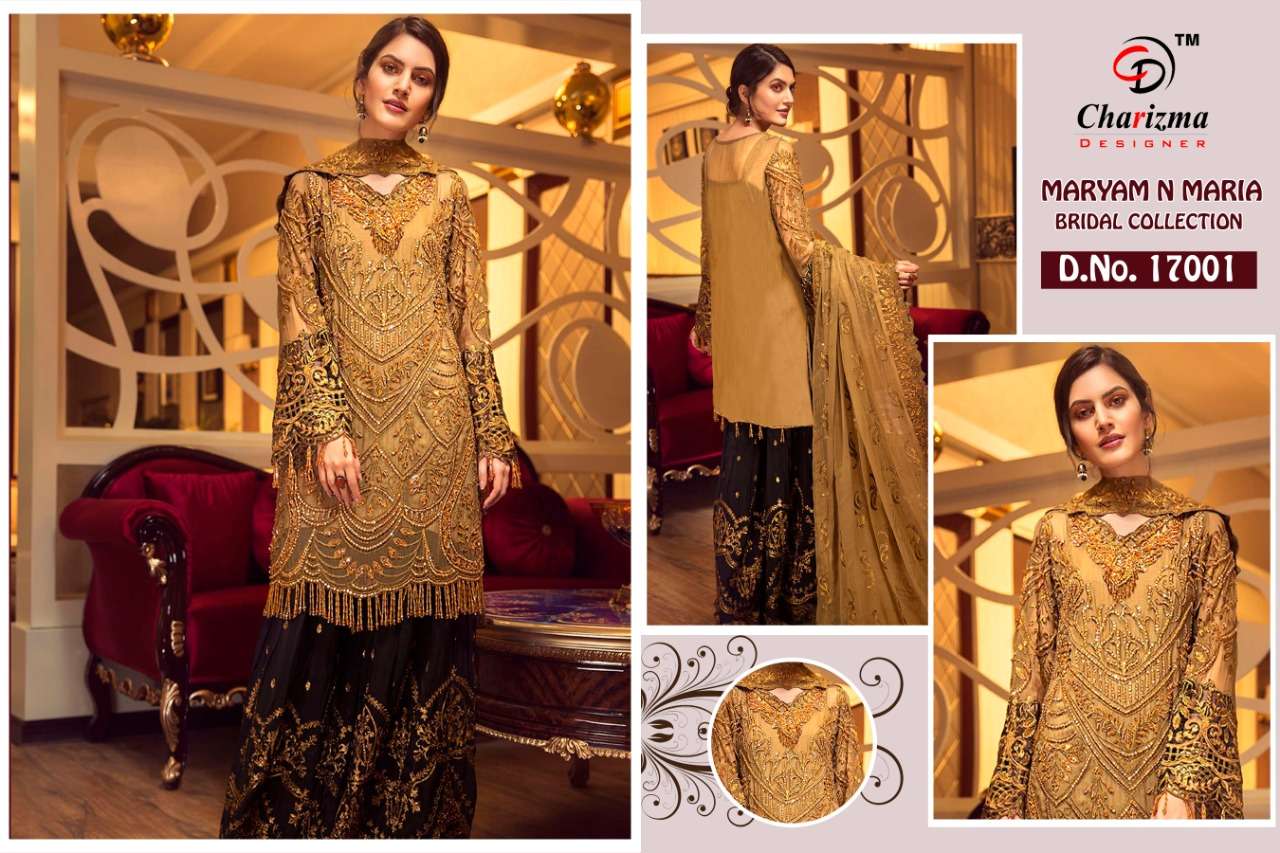 MARYAM N MARIA BRIDAL COLLECTION BY CHARIZMA DESIGNER 17001 TO 17003 SERIES PAKISTANI TRADITIONAL WEAR COLLECTION BEAUTIFUL STYLISH FANCY COLORFUL PARTY WEAR & OCCASIONAL WEAR FAUX GEORGETTE WITH HEAVY EMBROIDERED DRESS AT WHOLESALE PRICE