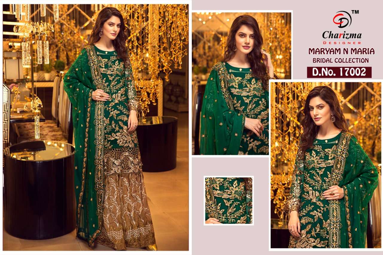MARYAM N MARIA BRIDAL COLLECTION BY CHARIZMA DESIGNER 17001 TO 17003 SERIES PAKISTANI TRADITIONAL WEAR COLLECTION BEAUTIFUL STYLISH FANCY COLORFUL PARTY WEAR & OCCASIONAL WEAR FAUX GEORGETTE WITH HEAVY EMBROIDERED DRESS AT WHOLESALE PRICE
