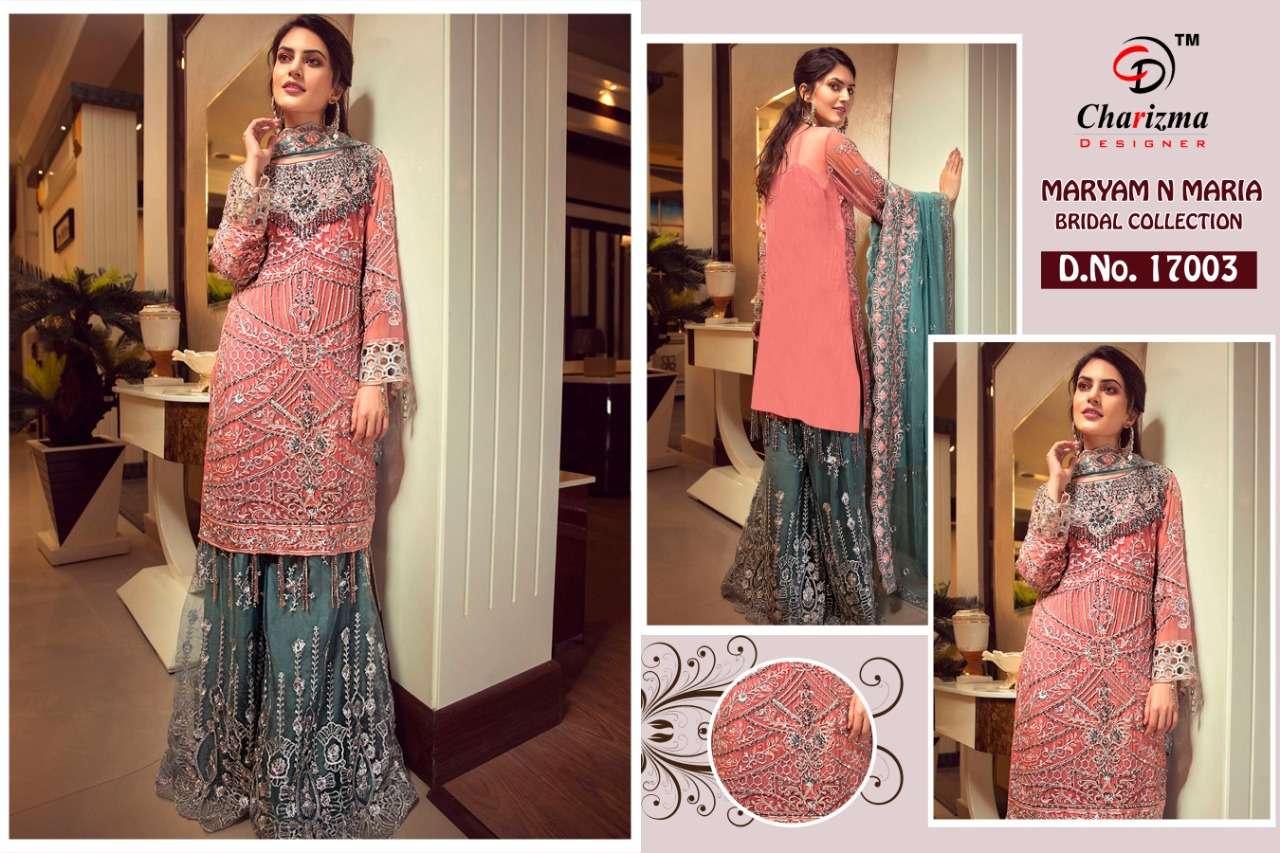 MARYAM N MARIA BRIDAL COLLECTION BY CHARIZMA DESIGNER 17001 TO 17003 SERIES PAKISTANI TRADITIONAL WEAR COLLECTION BEAUTIFUL STYLISH FANCY COLORFUL PARTY WEAR & OCCASIONAL WEAR FAUX GEORGETTE WITH HEAVY EMBROIDERED DRESS AT WHOLESALE PRICE