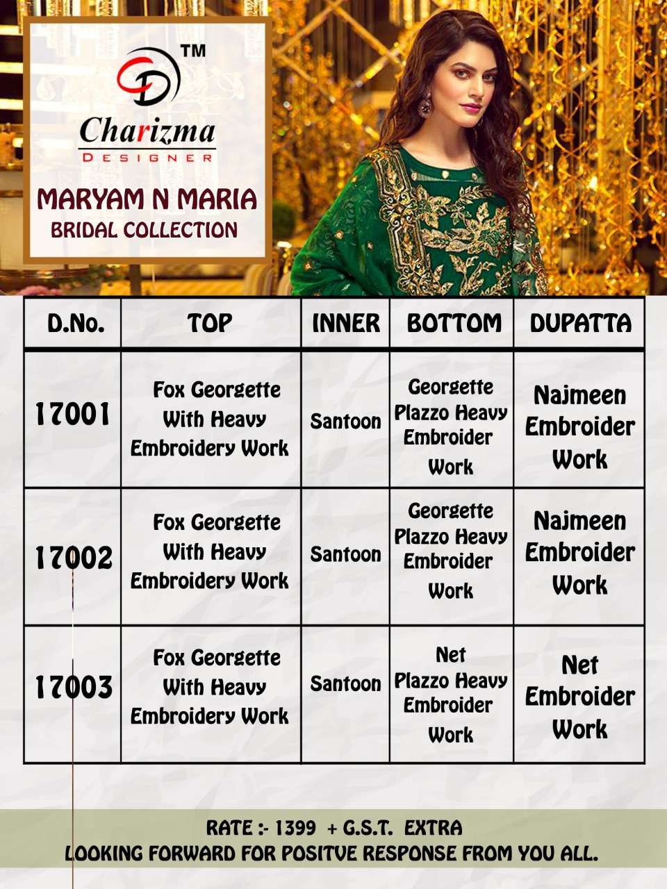 MARYAM N MARIA BRIDAL COLLECTION BY CHARIZMA DESIGNER 17001 TO 17003 SERIES PAKISTANI TRADITIONAL WEAR COLLECTION BEAUTIFUL STYLISH FANCY COLORFUL PARTY WEAR & OCCASIONAL WEAR FAUX GEORGETTE WITH HEAVY EMBROIDERED DRESS AT WHOLESALE PRICE