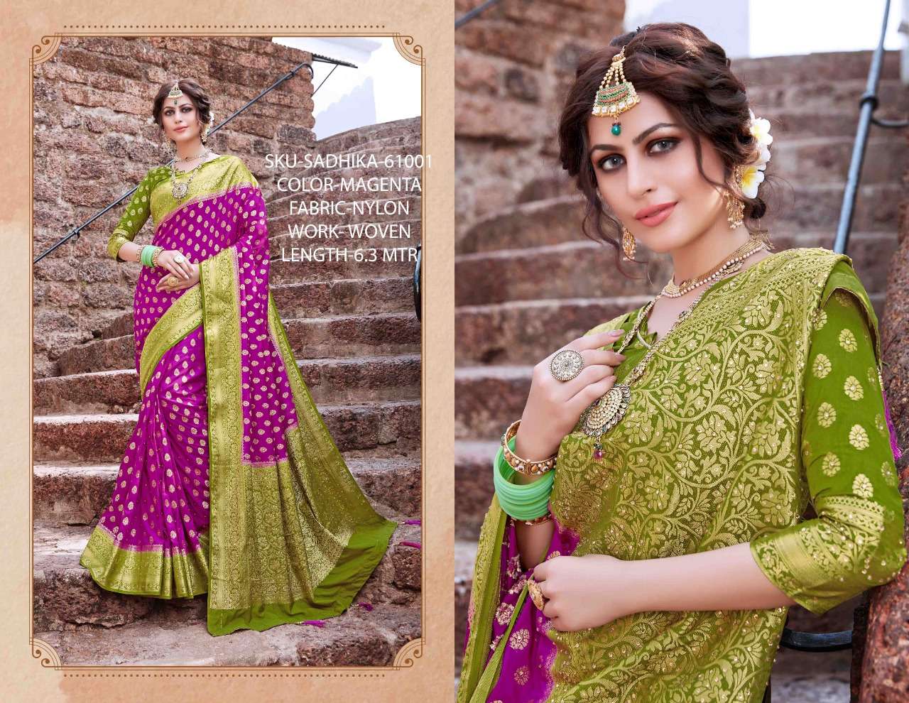 SADHIKA BY RACHANA 61001 TO 61008 SERIES INDIAN TRADITIONAL WEAR COLLECTION BEAUTIFUL STYLISH FANCY COLORFUL PARTY WEAR & OCCASIONAL WEAR NYLON WOVEN SAREES AT WHOLESALE PRICE