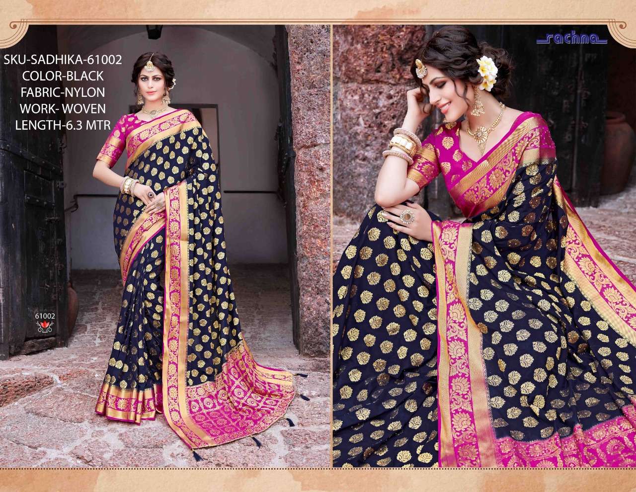 SADHIKA BY RACHANA 61001 TO 61008 SERIES INDIAN TRADITIONAL WEAR COLLECTION BEAUTIFUL STYLISH FANCY COLORFUL PARTY WEAR & OCCASIONAL WEAR NYLON WOVEN SAREES AT WHOLESALE PRICE