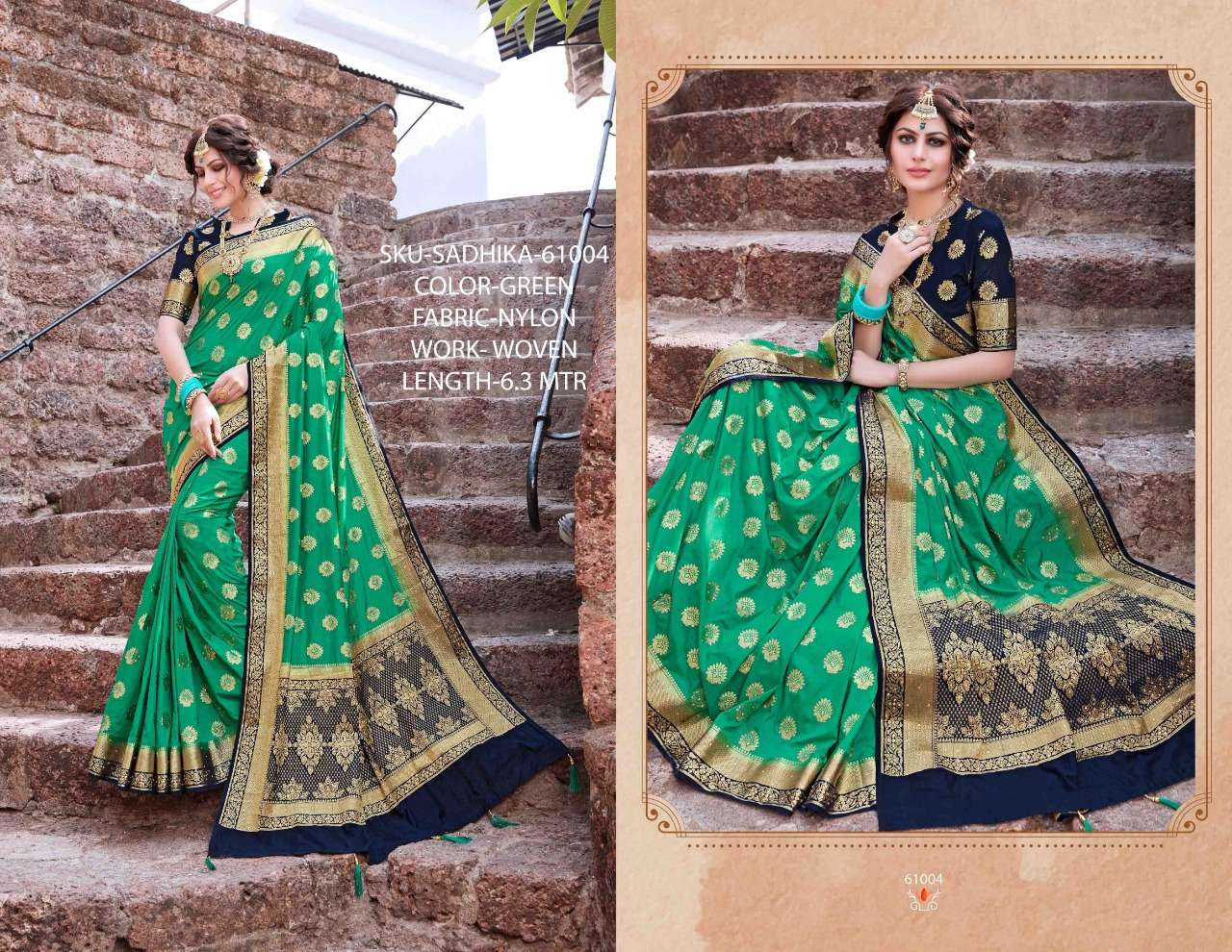 SADHIKA BY RACHANA 61001 TO 61008 SERIES INDIAN TRADITIONAL WEAR COLLECTION BEAUTIFUL STYLISH FANCY COLORFUL PARTY WEAR & OCCASIONAL WEAR NYLON WOVEN SAREES AT WHOLESALE PRICE