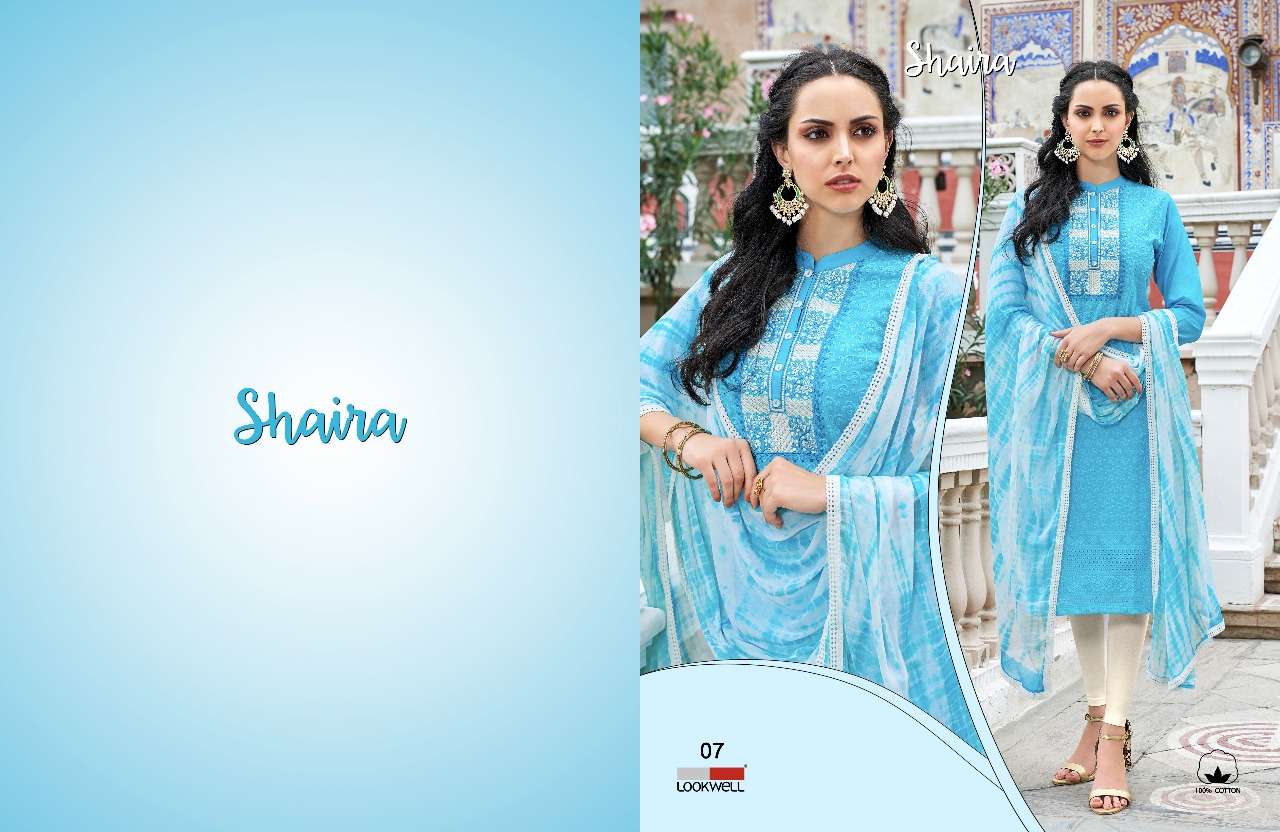 SHAIRA VOL-2 BY LOOKWELL 07 TO 12 SERIES BEAUTIFUL COLLECTION SUITS STYLISH FANCY COLORFUL CASUAL WEAR & ETHNIC WEAR PURE COTTON EMBROIDERED DRESSES AT WHOLESALE PRICE