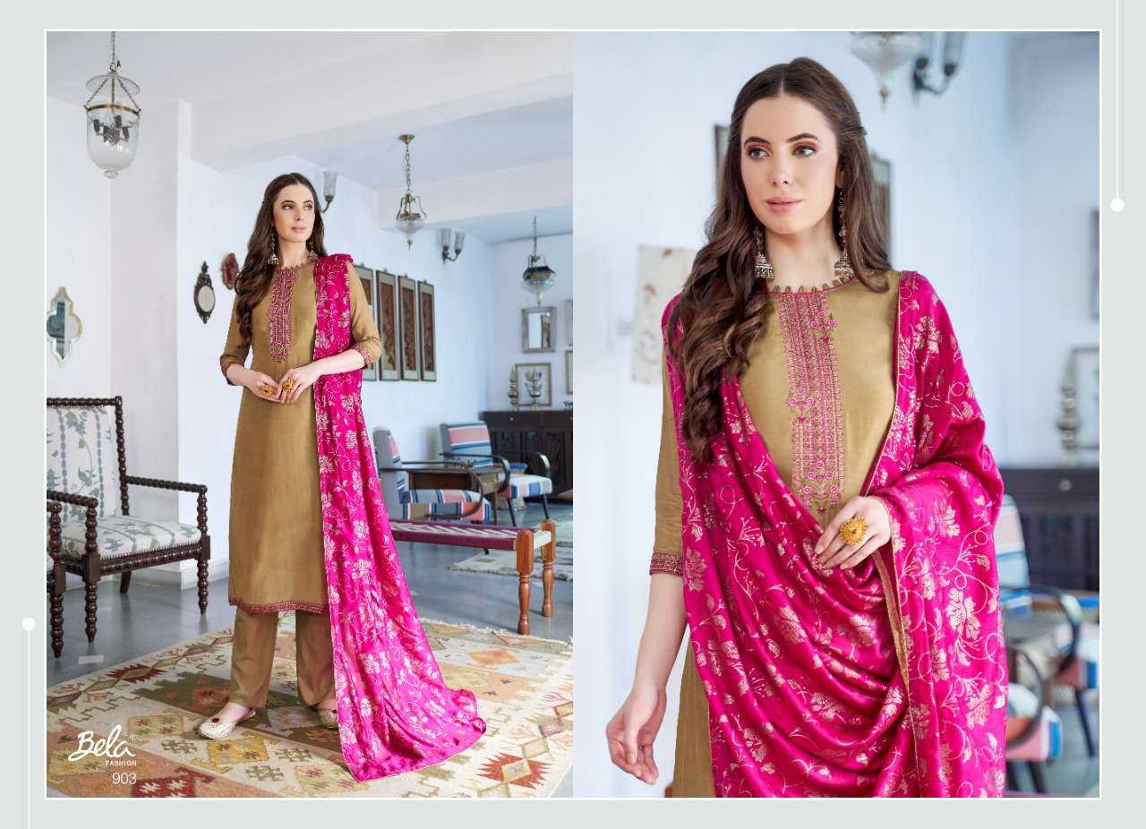 SWARNA BY BELA FASHION 900 TO 908 SERIES BEAUTIFUL SUITS STYLISH FANCY COLORFUL PARTY WEAR & OCCASIONAL WEAR COTTON SILK EMBORIDERY DRESSES AT WHOLESALE PRICE