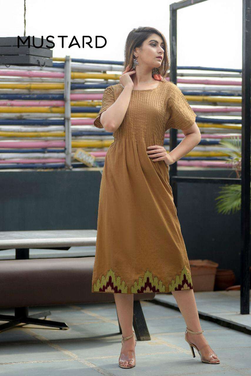 MUSTARD COTTON KURTI BY MUSTARD 01 TO 06 SERIES BEAUTIFUL STYLISH COLORFUL FANCY PARTY WEAR & ETHNIC WEAR & READY TO WEAR COTTON BUTTI FABRIC KURTIS AT WHOLESALE PRICE