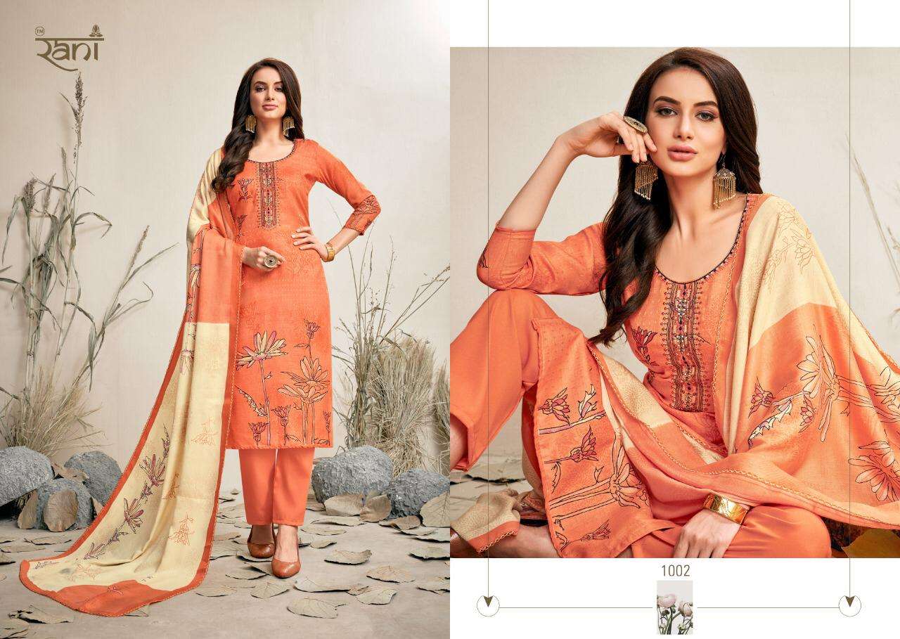 SPRING BY RANI  FASHION 1001 TO 1008 SERIES BEAUTIFUL SUITS STYLISH FANCY COLORFUL PARTY WEAR & OCCASIONAL WEAR PASHMINA PRINTED WITH  EMBROIDERY DRESSES AT WHOLESALE PRICE