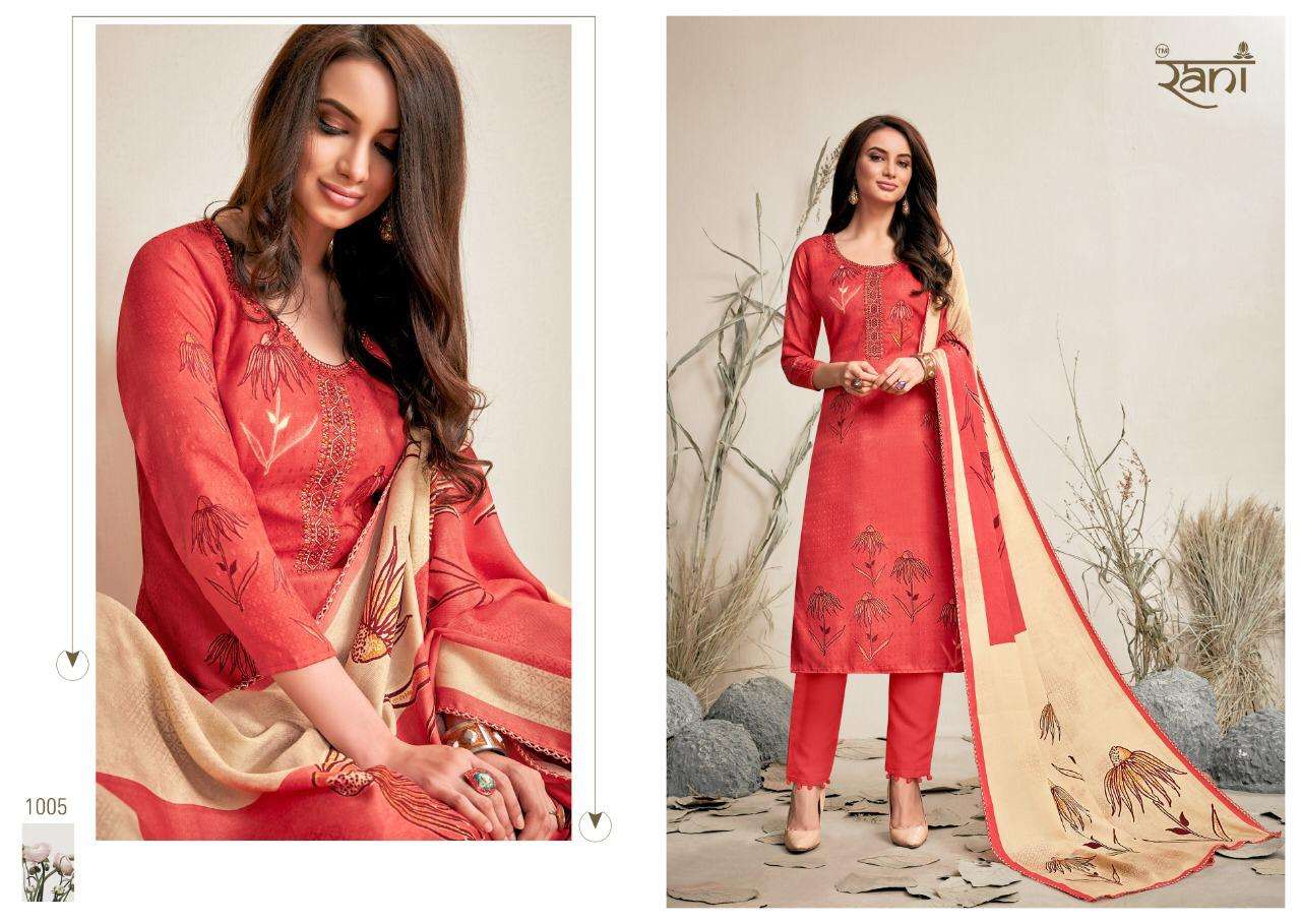 SPRING BY RANI  FASHION 1001 TO 1008 SERIES BEAUTIFUL SUITS STYLISH FANCY COLORFUL PARTY WEAR & OCCASIONAL WEAR PASHMINA PRINTED WITH  EMBROIDERY DRESSES AT WHOLESALE PRICE