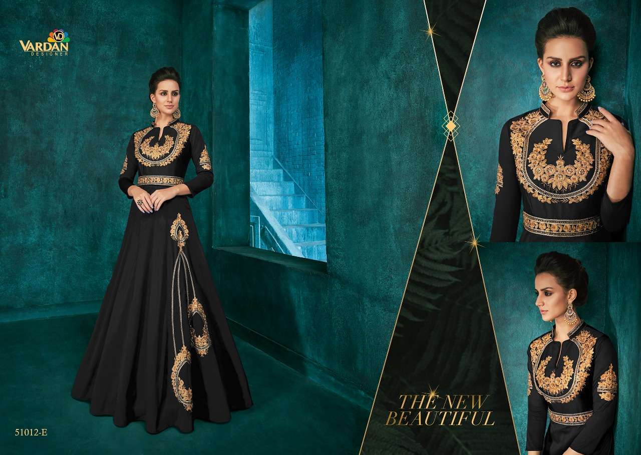 Rozi Gold Vol-1 By Vardan Designer 51012-B To 51012-E Series Gowns Collection Beautiful Stylish Fancy Colorful Party Wear & Occasional Wear Triva Silk With Heavy Embroidery Gowns At Wholesale Price