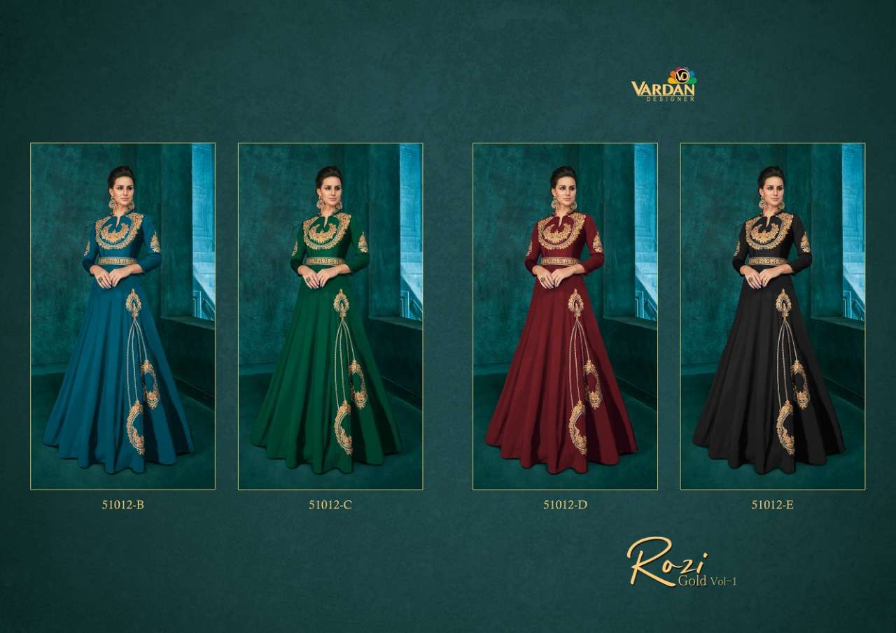 Rozi Gold Vol-1 By Vardan Designer 51012-B To 51012-E Series Gowns Collection Beautiful Stylish Fancy Colorful Party Wear & Occasional Wear Triva Silk With Heavy Embroidery Gowns At Wholesale Price