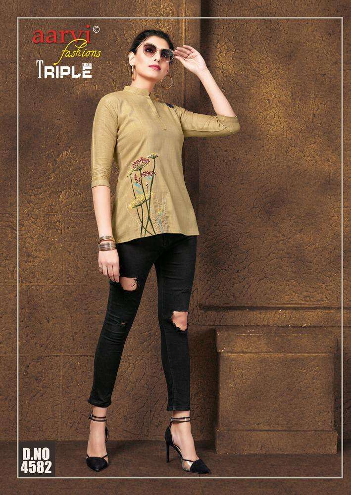TRIPLE THREE VOL-6 BY AARVI FASHION 4581 TO 4587 SERIES DESIGNER BEAUTIFUL STYLISH COLORFUL FANCY READY TO WEAR & CASUAL WEAR & ETHNIC WEAR RAYON EMBROIDERED TOPS AT WHOLESALE PRICE
