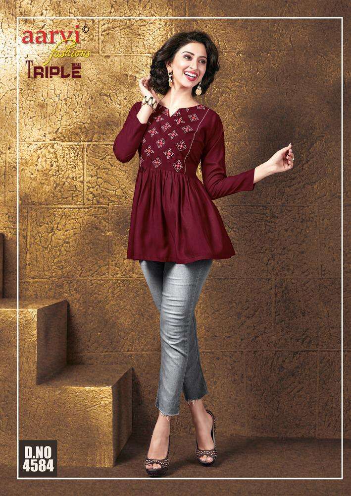 TRIPLE THREE VOL-6 BY AARVI FASHION 4581 TO 4587 SERIES DESIGNER BEAUTIFUL STYLISH COLORFUL FANCY READY TO WEAR & CASUAL WEAR & ETHNIC WEAR RAYON EMBROIDERED TOPS AT WHOLESALE PRICE