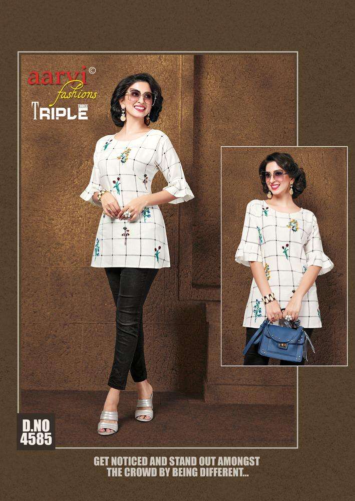TRIPLE THREE VOL-6 BY AARVI FASHION 4581 TO 4587 SERIES DESIGNER BEAUTIFUL STYLISH COLORFUL FANCY READY TO WEAR & CASUAL WEAR & ETHNIC WEAR RAYON EMBROIDERED TOPS AT WHOLESALE PRICE