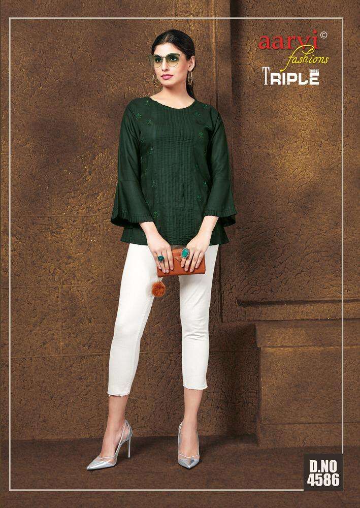 TRIPLE THREE VOL-6 BY AARVI FASHION 4581 TO 4587 SERIES DESIGNER BEAUTIFUL STYLISH COLORFUL FANCY READY TO WEAR & CASUAL WEAR & ETHNIC WEAR RAYON EMBROIDERED TOPS AT WHOLESALE PRICE