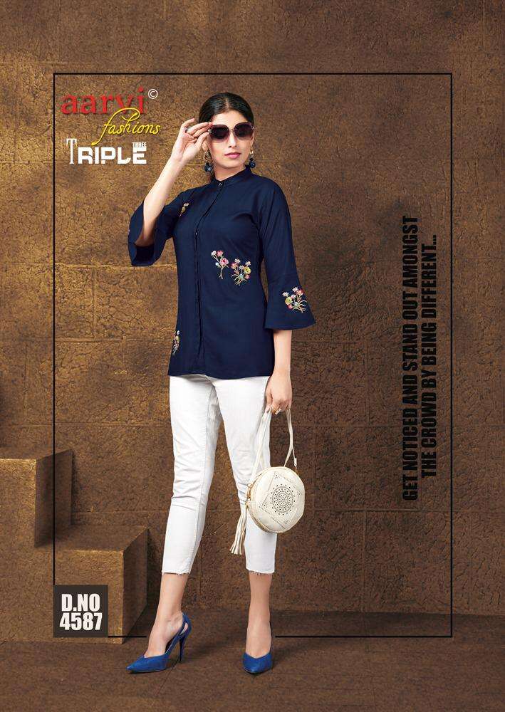 TRIPLE THREE VOL-6 BY AARVI FASHION 4581 TO 4587 SERIES DESIGNER BEAUTIFUL STYLISH COLORFUL FANCY READY TO WEAR & CASUAL WEAR & ETHNIC WEAR RAYON EMBROIDERED TOPS AT WHOLESALE PRICE